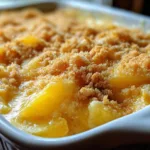 Close-up of baked pineapple casserole with golden cracker topping
