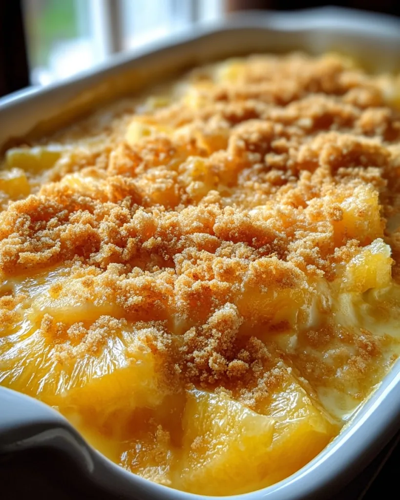 Fully baked pineapple casserole in a white dish with crispy topping