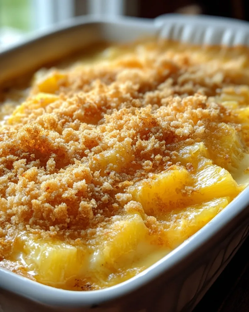 Angled view of a hot pineapple casserole ready to serve