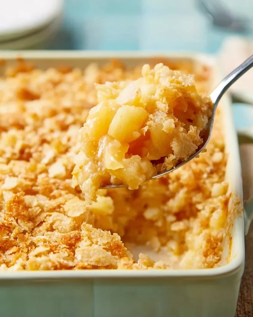 Spoonful of best pineapple casserole served fresh