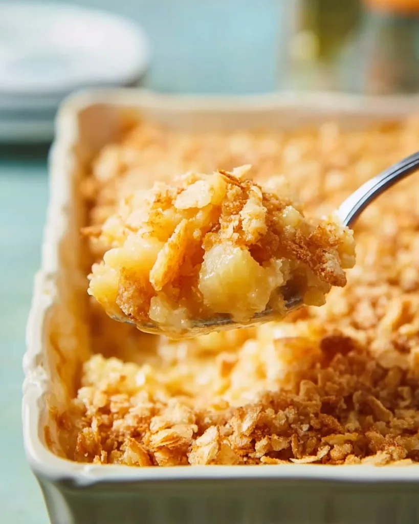 Golden Best Pineapple casserole in white baking dish