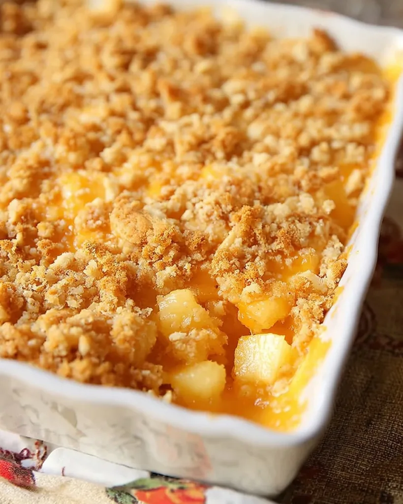 Baked pineapple cheese casserole with crumb topping in a white dish