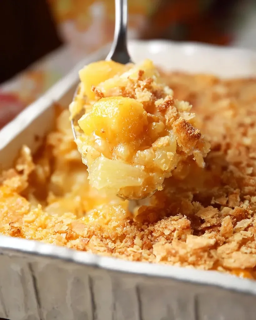Serving spoon lifting golden cheesy pineapple casserole from a white baking dish