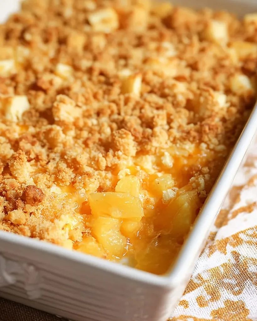 Top view of cheesy pineapple casserole with golden brown topping