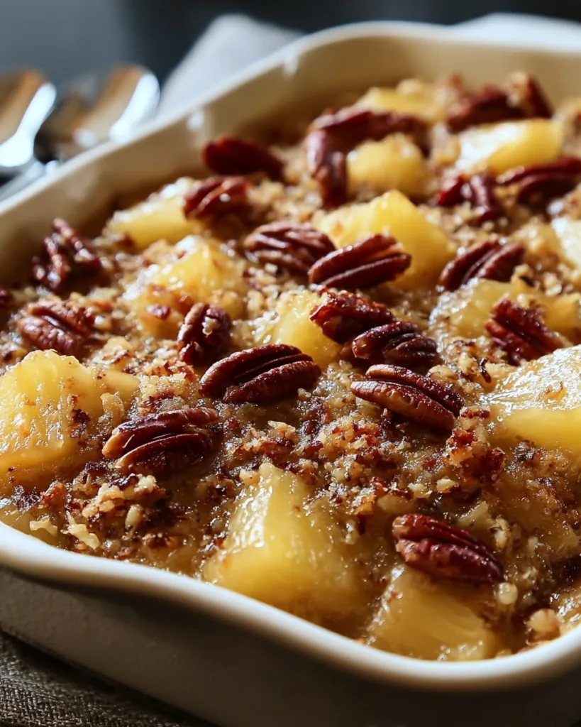 Million Dollar Pineapple Casserole served hot from the oven