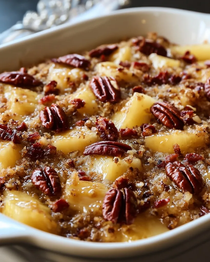 Make Million Dollar Pineapple Casserole with crispy bacon and sweet topping