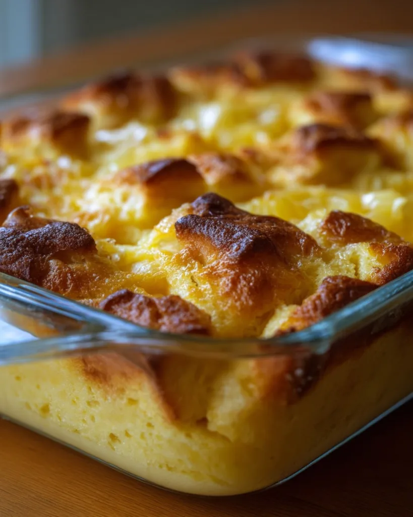 Side view of pineapple bread casserole in clear baking dish