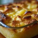 Pineapple bread casserole freshly baked in a glass dish