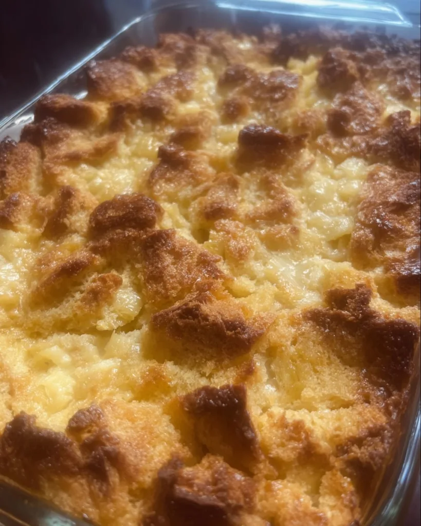 Top-down view of crispy pineapple bread casserole crust