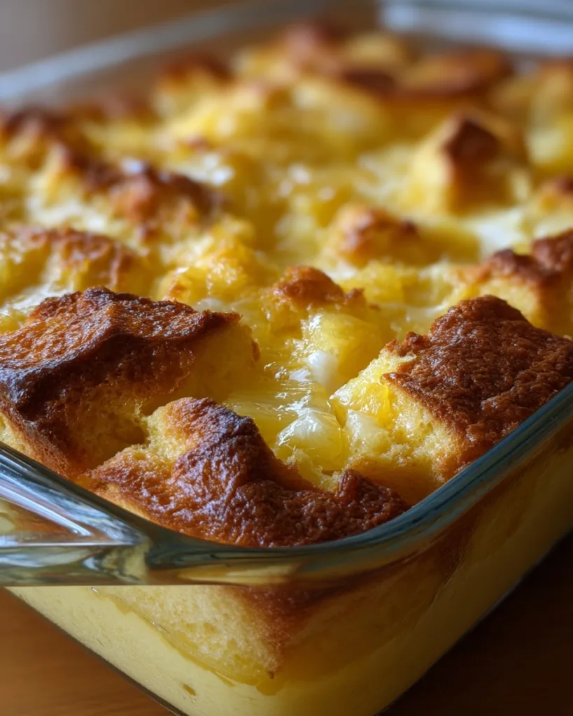 Close-up of pineapple chunks baked into bread casserole