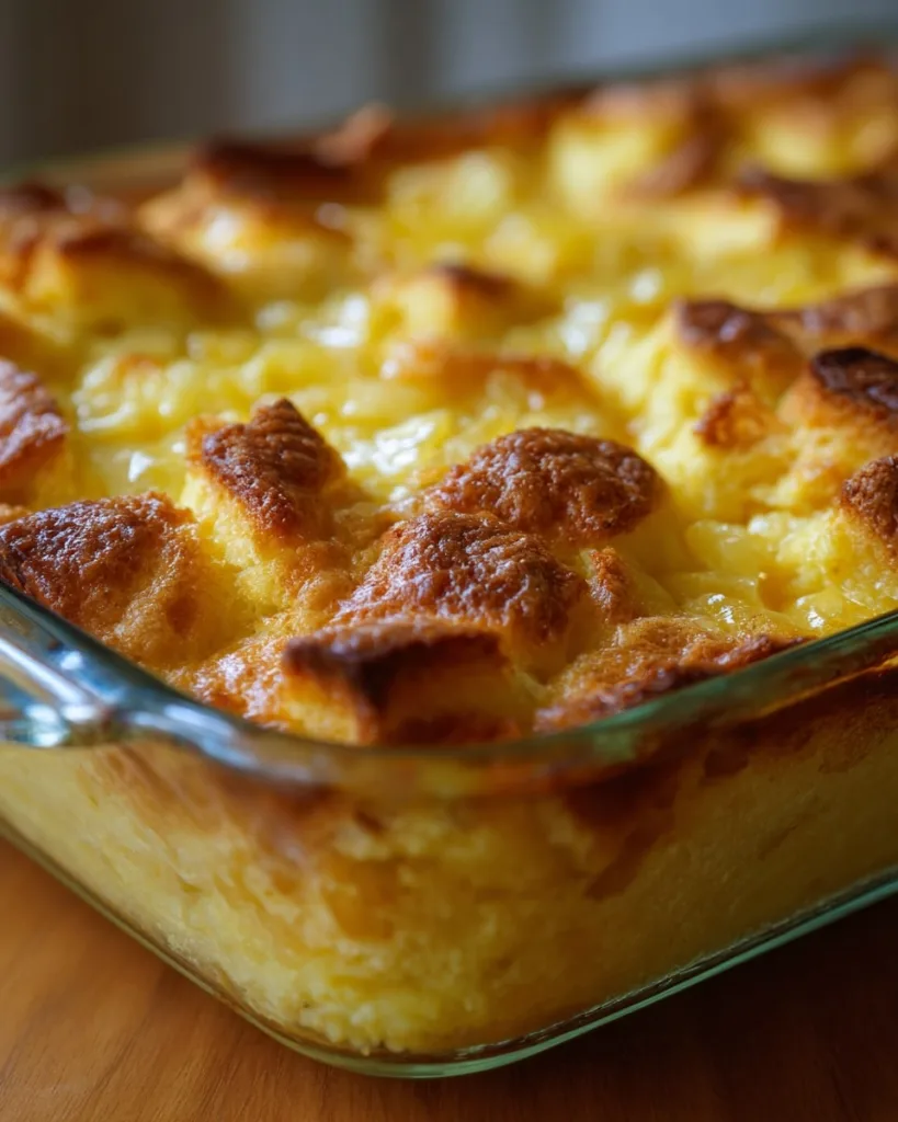 Golden pineapple bread casserole in glass baking pan