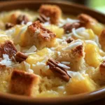 pineapple bread pudding casserole with pecans and coconut