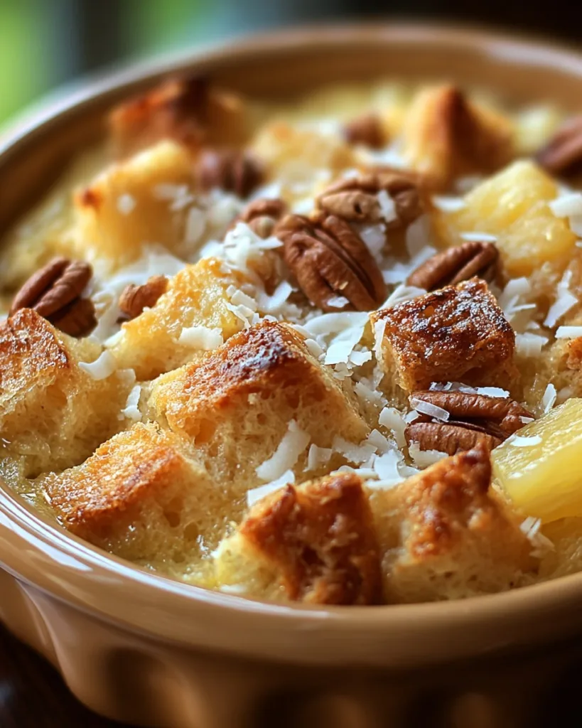 baked pineapple bread pudding recipe with coconut topping