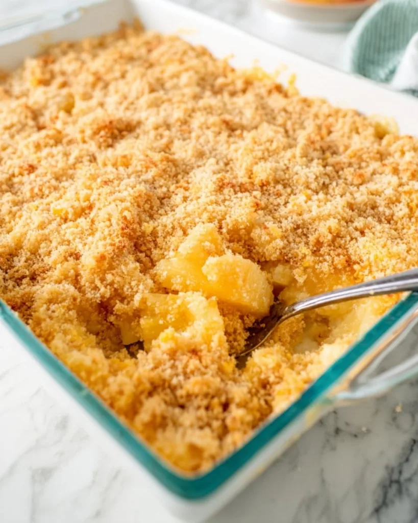 Southern pineapple casserole in a white baking dish with spoon