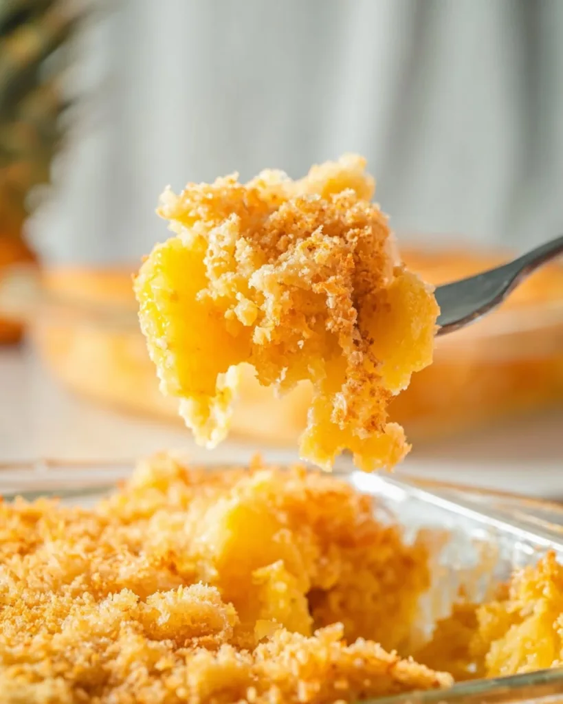 Fork holding pineapple casserole with crispy topping
