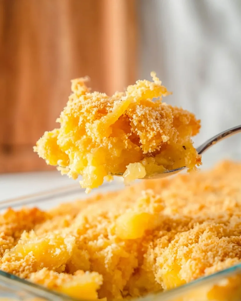 Lifting a bite of cheesy pineapple casserole from the dish