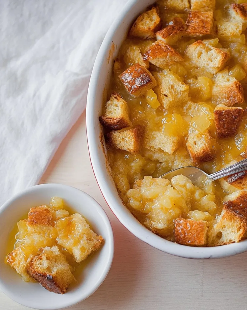 Pineapple bread casserole with a serving spoon and a plated portion
