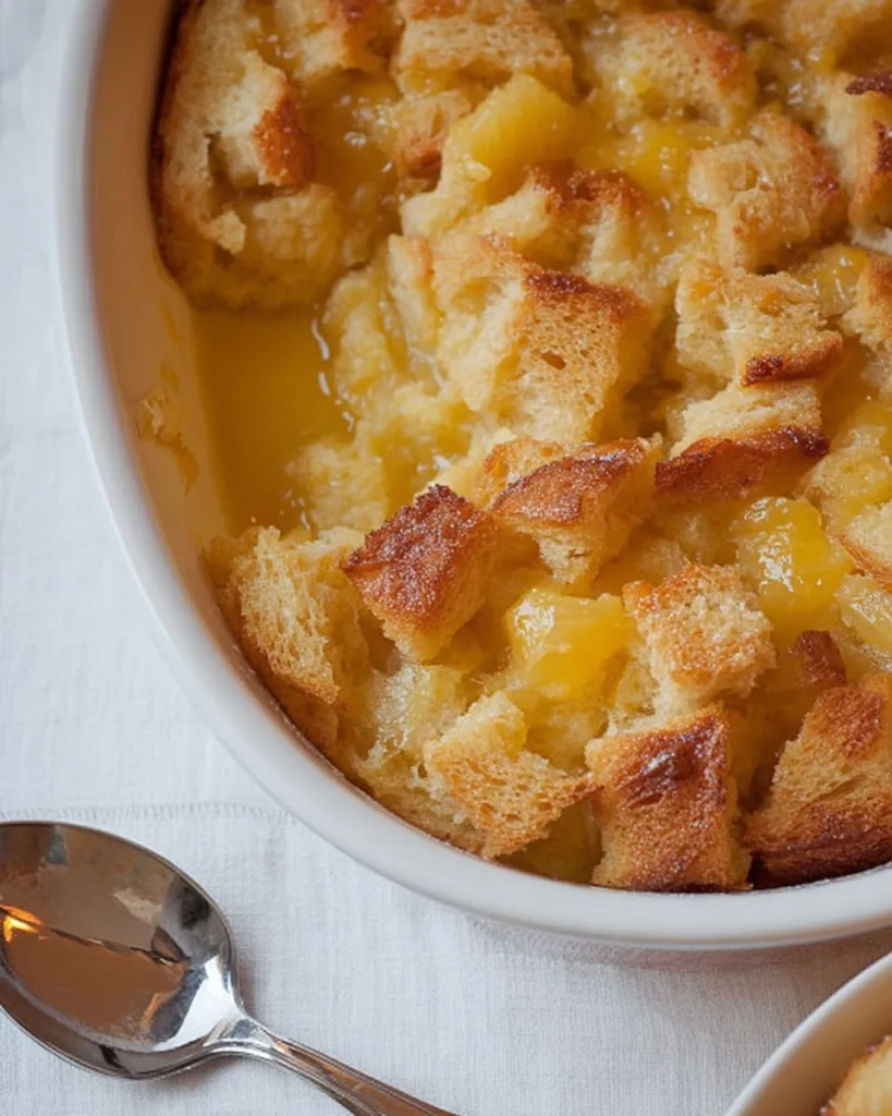 Top view of Southern-style pineapple casserole with bread
