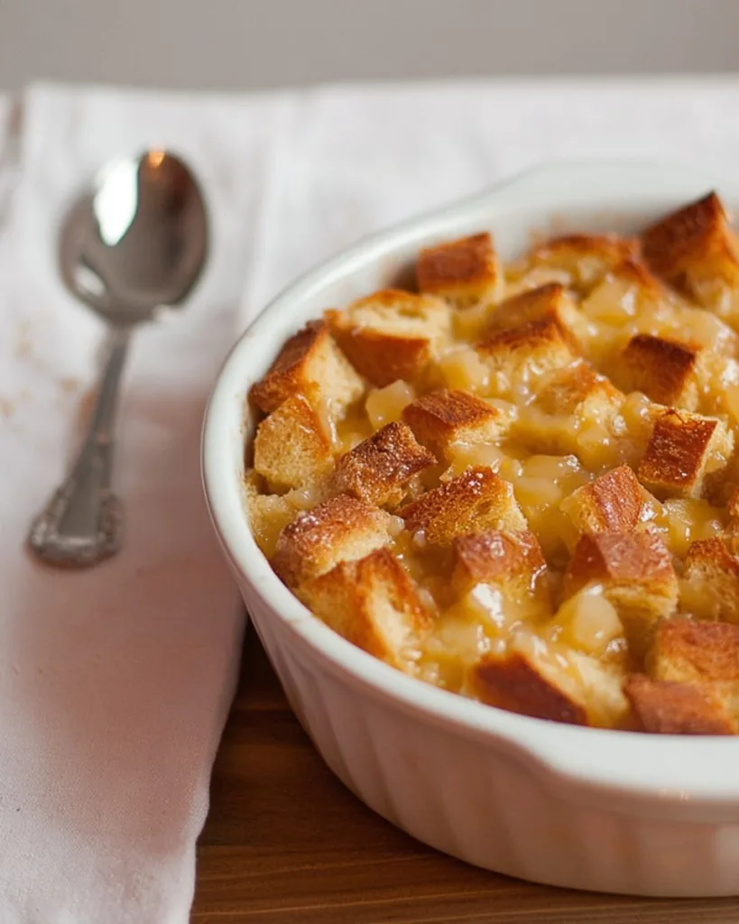 Pineapple bread casserole served in a white fluted dish