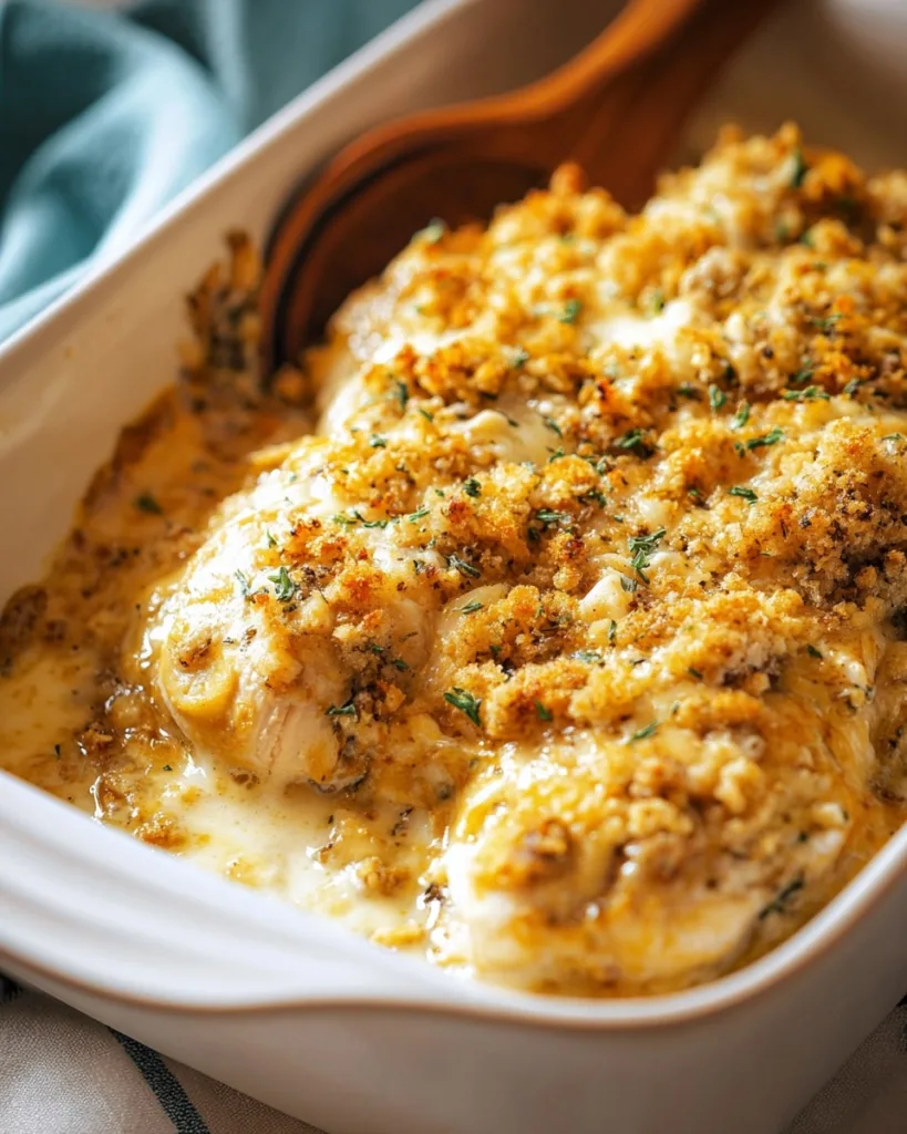 Serving Swiss chicken casserole with herbs and wooden spoon
