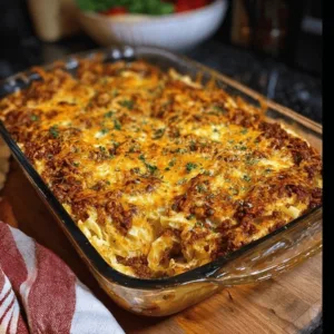 Fully baked Poor Man Husband Casserole with golden cheese crust in a glass dish