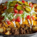 big mac casserole with pickles, lettuce, tomato, and cheddar cheese