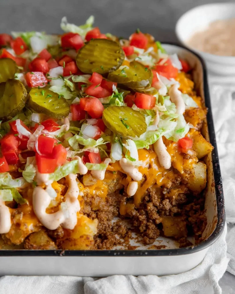 cheeseburger casserole with ground beef, pickles, and lettuce