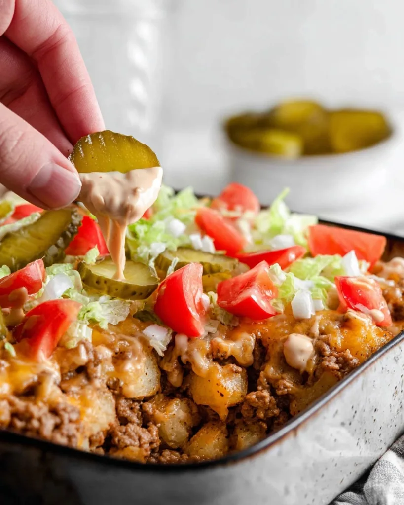dipping pickle in homemade big mac sauce from casserole