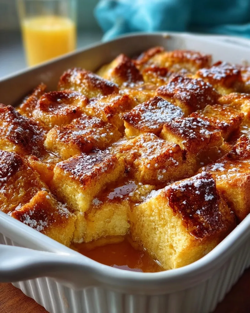 Baked Brioche French Toast Casserole topped with powdered sugar