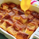 Brioche French Toast Casserole with syrup drizzle