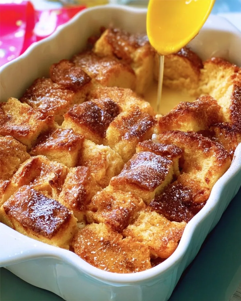 Sliced Brioche French Toast Casserole with syrup poured on top