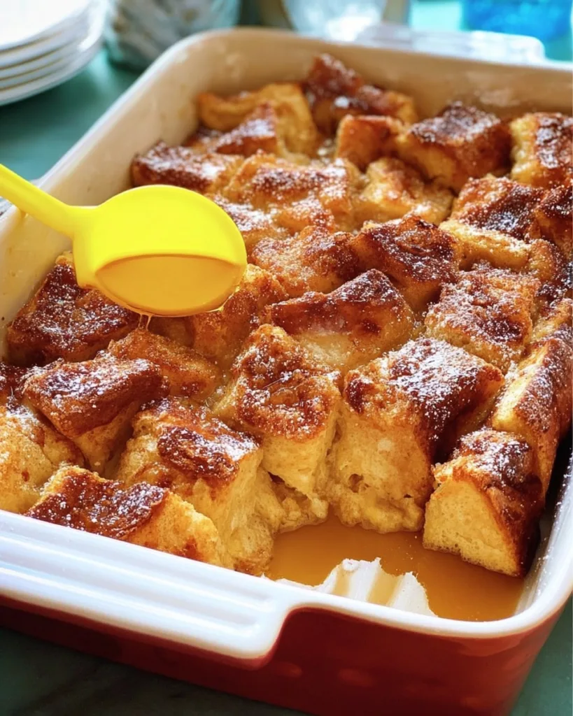 Pouring syrup over baked brioche breakfast casserole