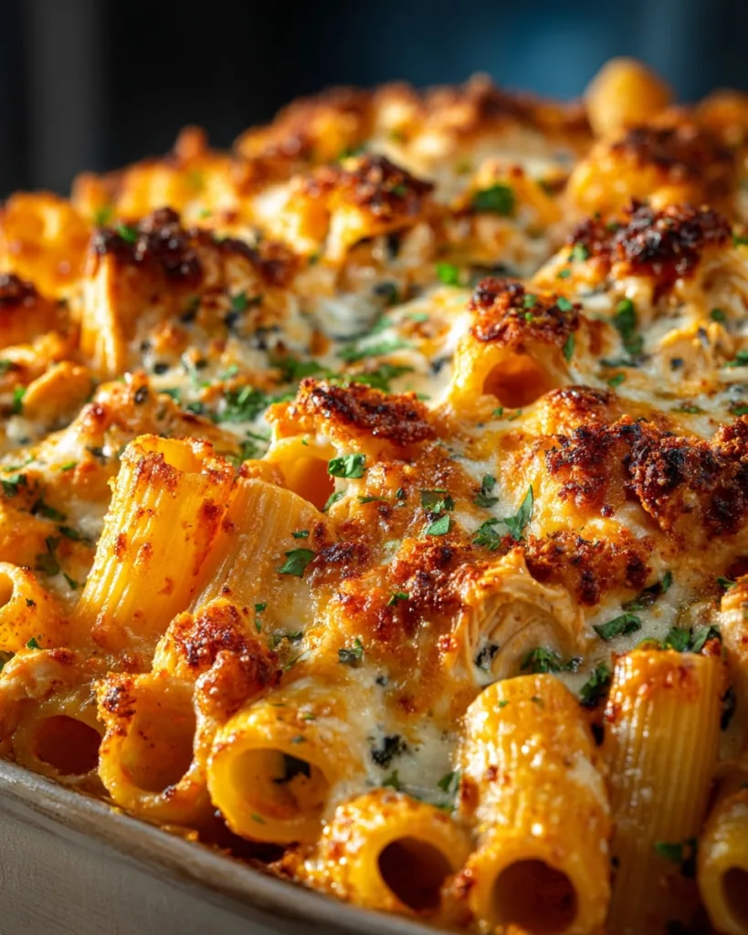 close-up of baked buffalo chicken pasta with crispy cheese top