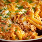 buffalo chicken pasta bake in white dish topped with melted cheese and parsley