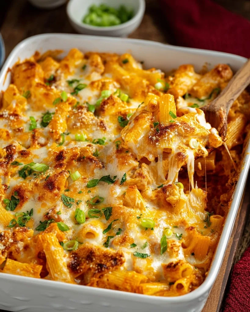 how to make buffalo chicken pasta bake with melted cheese topping