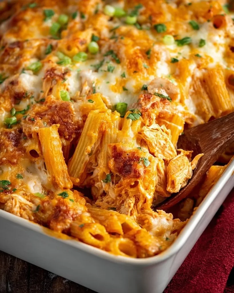 spoon lifting serving of buffalo chicken pasta bake from casserole dish