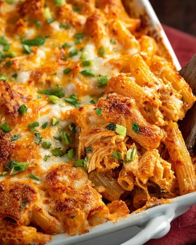 baked buffalo chicken pasta with melted cheese and chopped parsley