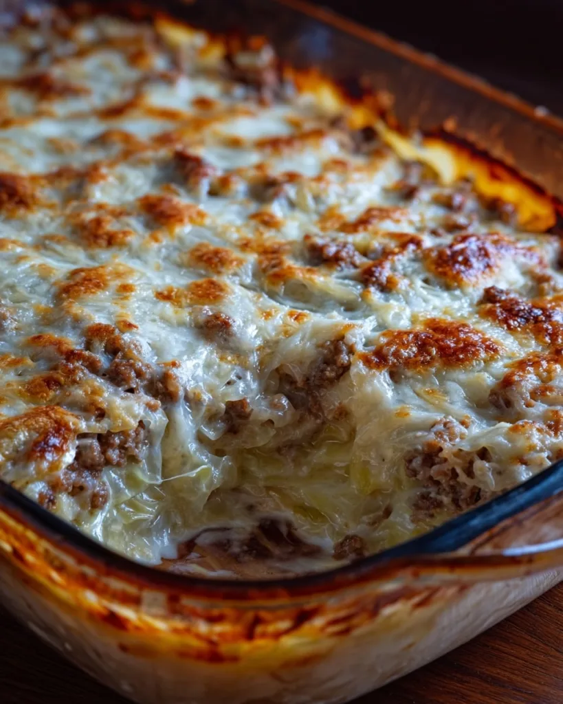 step-by-step cabbage roll casserole with white sauce layers