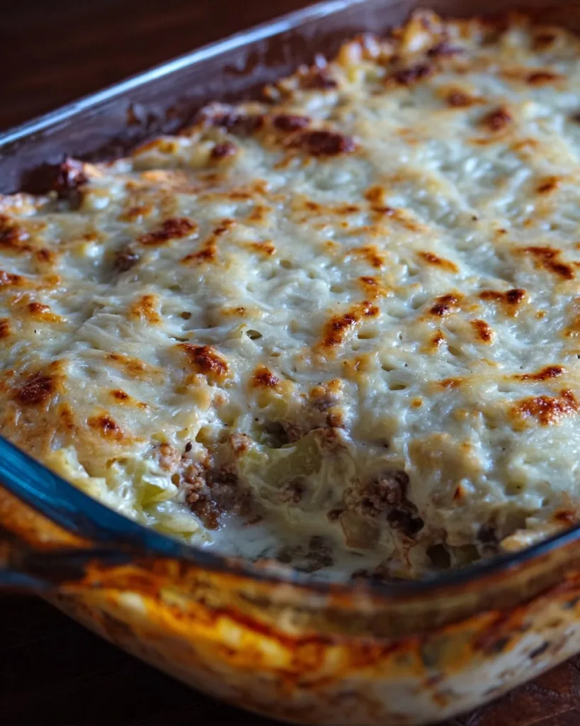 cabbage casserole recipe dish with creamy white sauce