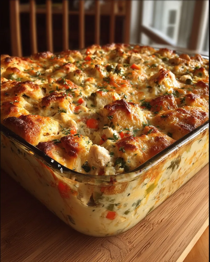 Close-up of baked chicken casserole with vegetables and cheddar topping in a glass pan