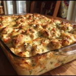 Golden baked chicken and vegetable casserole with biscuit topping in a glass dish
