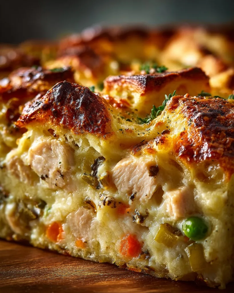 Slice of creamy chicken and vegetable casserole with golden crust and colorful veggies