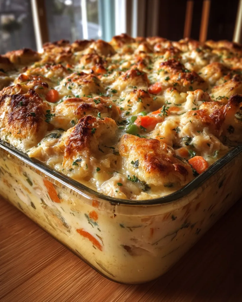 Chicken and vegetable casserole in glass dish with golden cheese topping and visible carrots and peas
