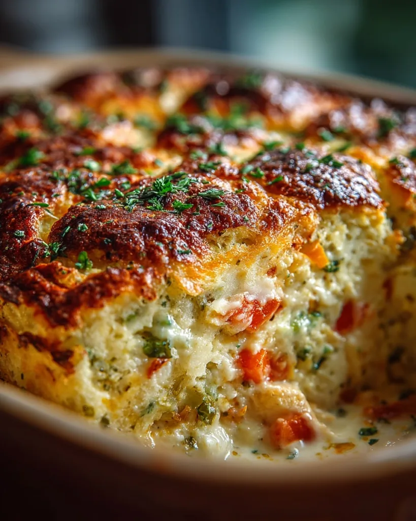 Baked cheesy chicken and vegetable casserole with herbs, carrots, and peas in a baking dish