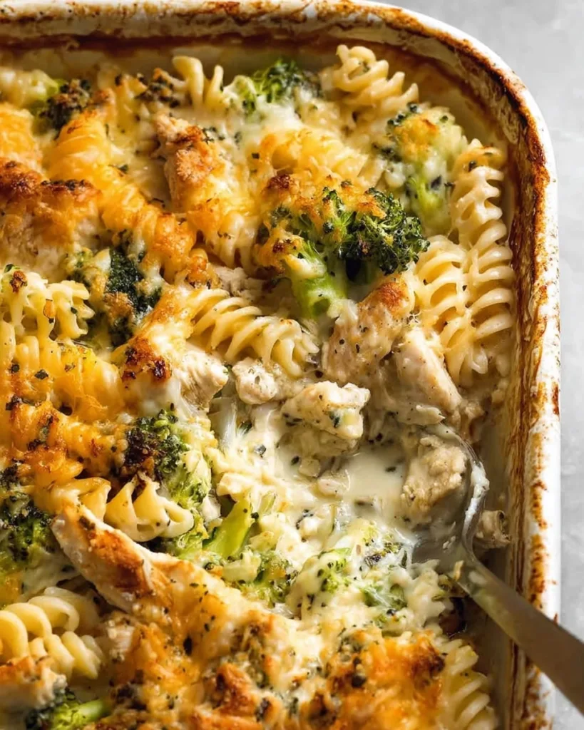 Chicken broccoli pasta casserole in baking dish with golden cheese top