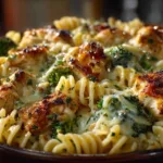 Close-up of creamy chicken broccoli pasta casserole with melted cheese