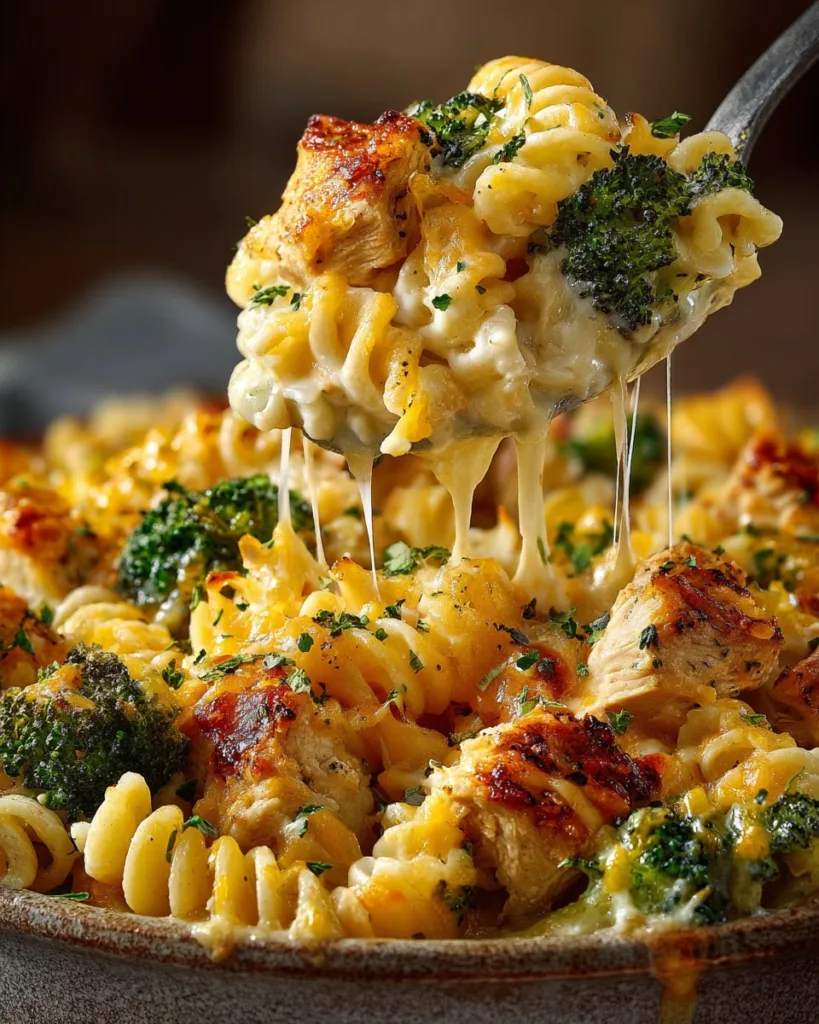 Spoonful of cheesy chicken broccoli pasta being lifted from casserole