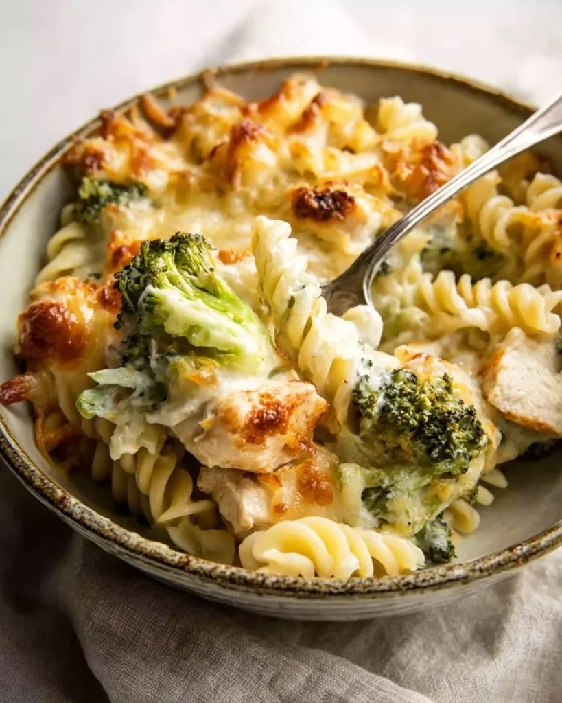Bowl of chicken broccoli pasta casserole with fork