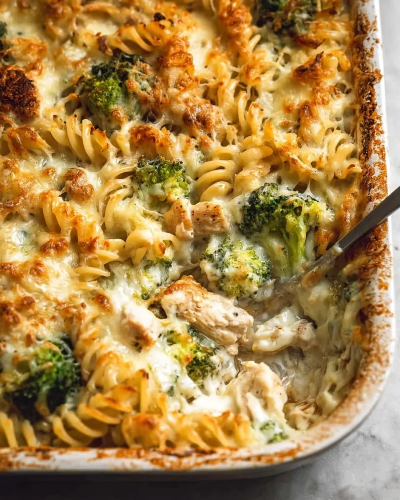 Baked chicken broccoli pasta casserole in pan with creamy sauce