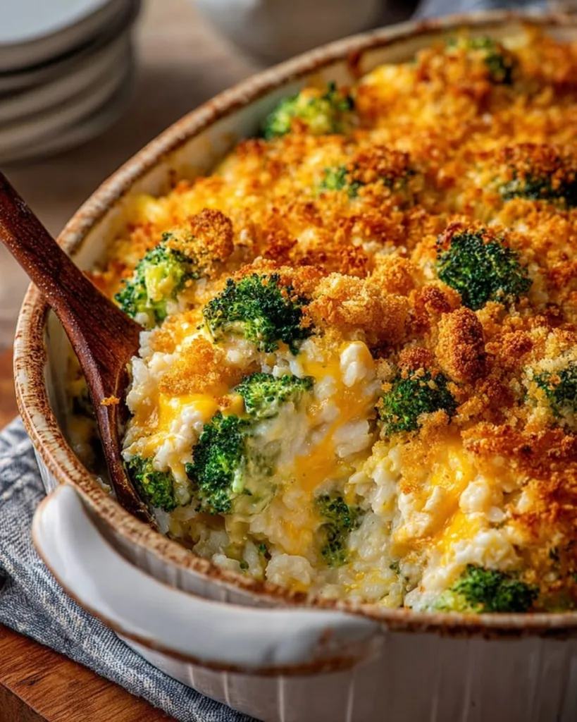 Spoonful of creamy chicken rice broccoli casserole being lifted from dish